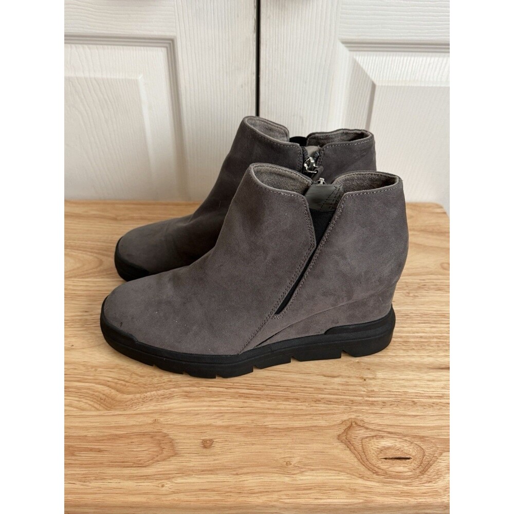 Dr. Scholls Boots Womens 7M Riley Ankle Bootie Gray Fabric Casual Wedge Heels